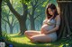 A pregnant woman sitting under a tree in a park.