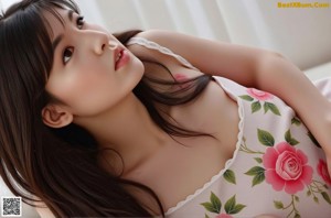 A woman in a pink dress laying on a bed.