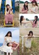 A collage of photos of a woman sitting on a swing.