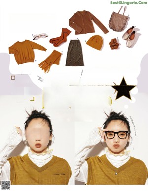 A magazine spread with a woman wearing glasses and a sweater.